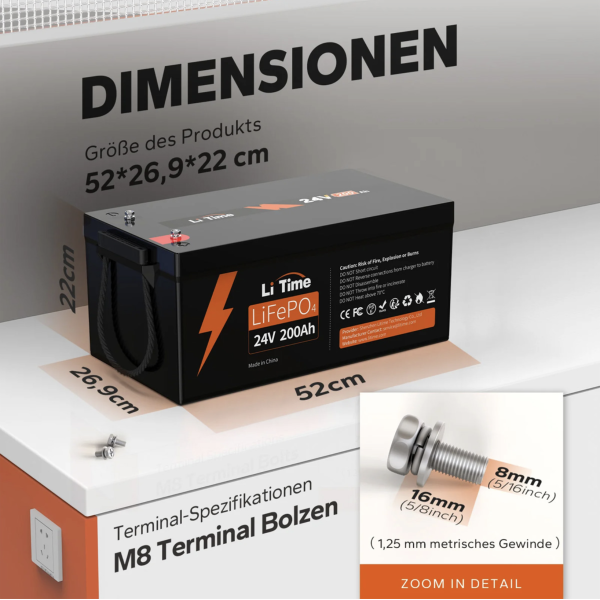Акумулятор літій-залізо-фосфатний LiTime LiFePO4 24V 200Ah 200A BMS