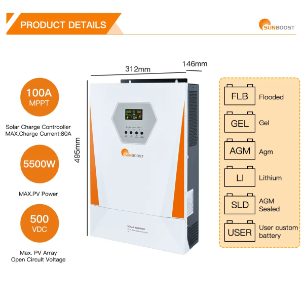 Гібридний інвертор Sunboost GD-3624JMS (24 В, 3.6 кВт, чиста синусоїдальна хвиля)